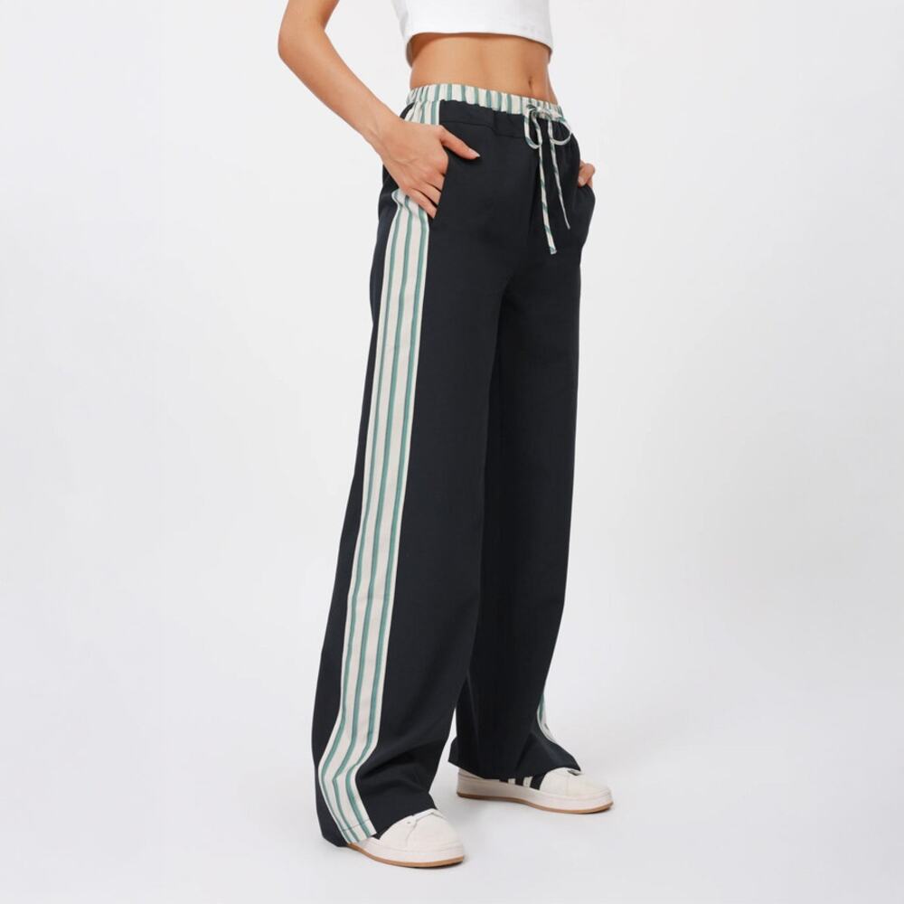 Zara Black Cream Green Stripe Wide Leg Drawstring Trousers Size S